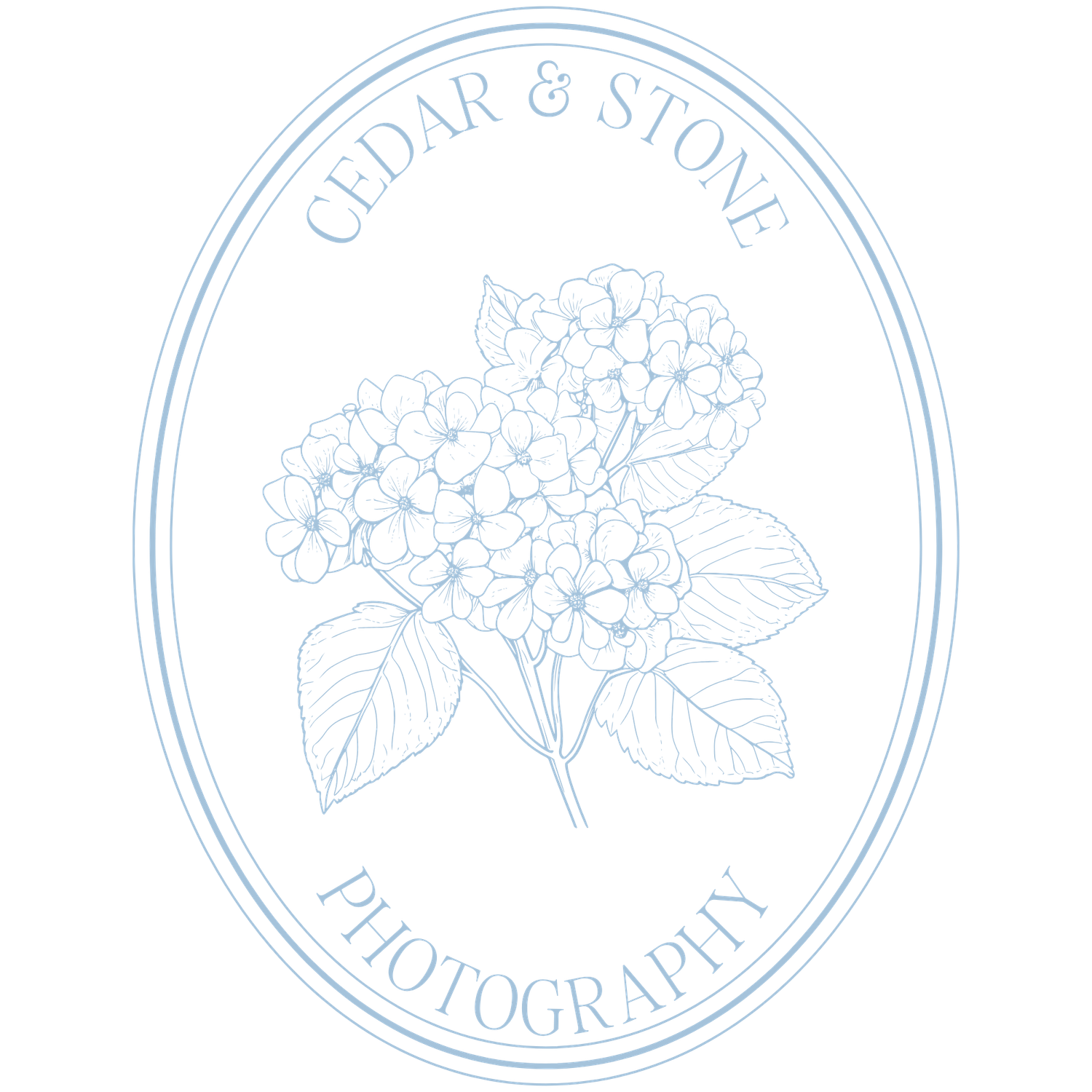 Cedar & Stone Photography logo featuring delicate blue hydrangea flowers in an oval frame.
