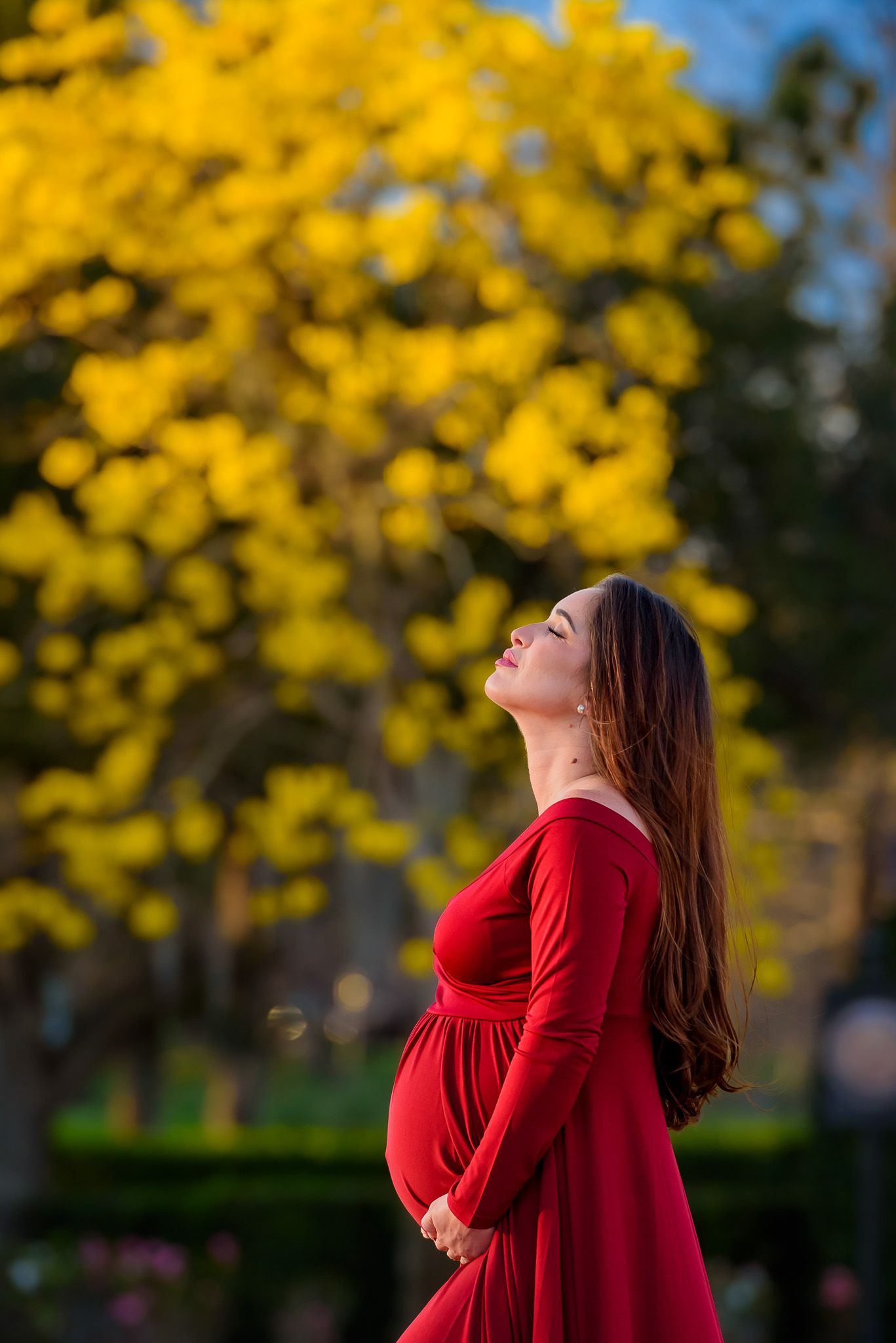 A red dress silhouette against vibrant yellow spring blooms in a garden setting.