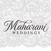 Elegant black Maharani Weddings logo design with decorative floral lace pattern background.