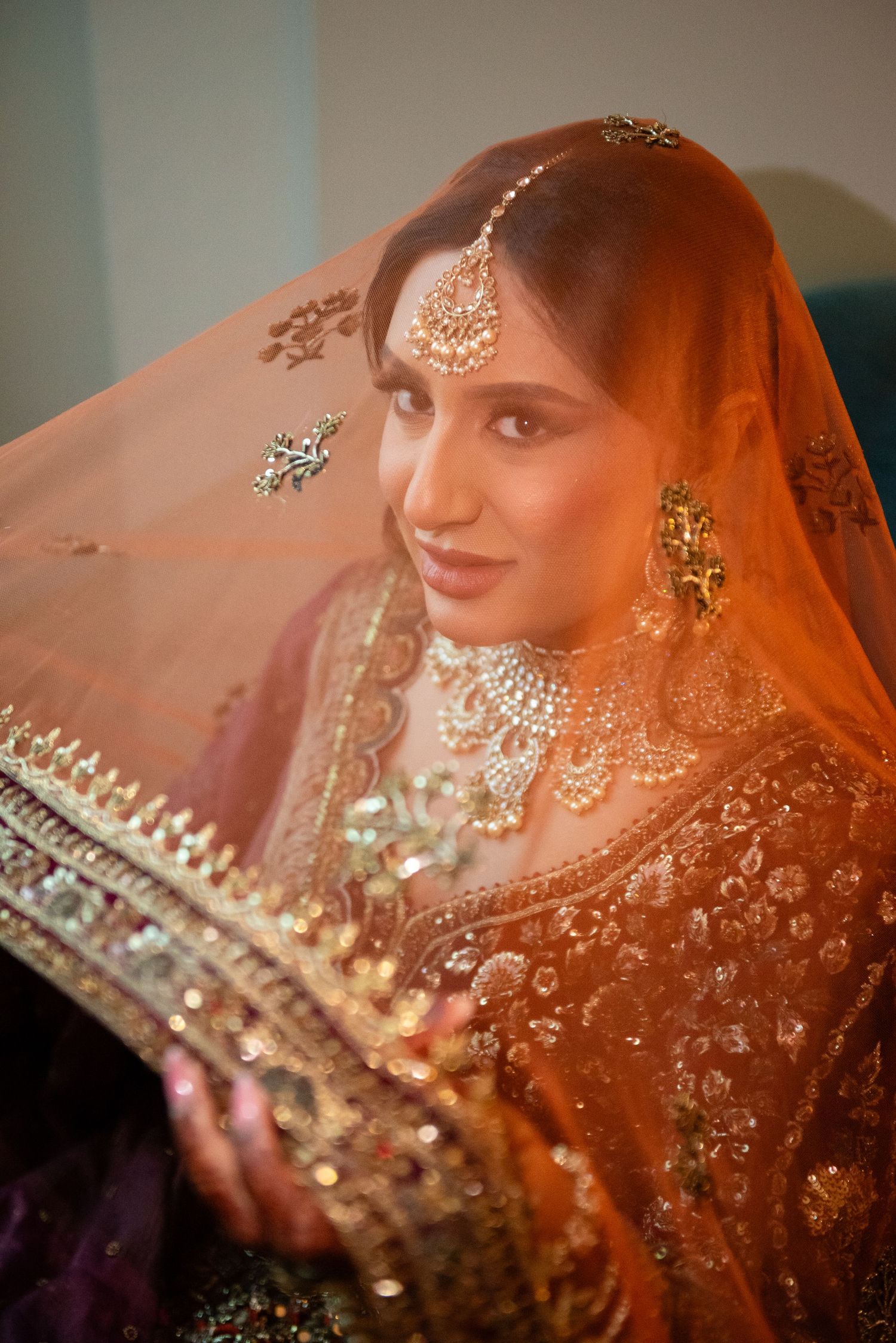 Traditional South Asian bridal portrait showcasing intricate jewelry and embroidered veil details.