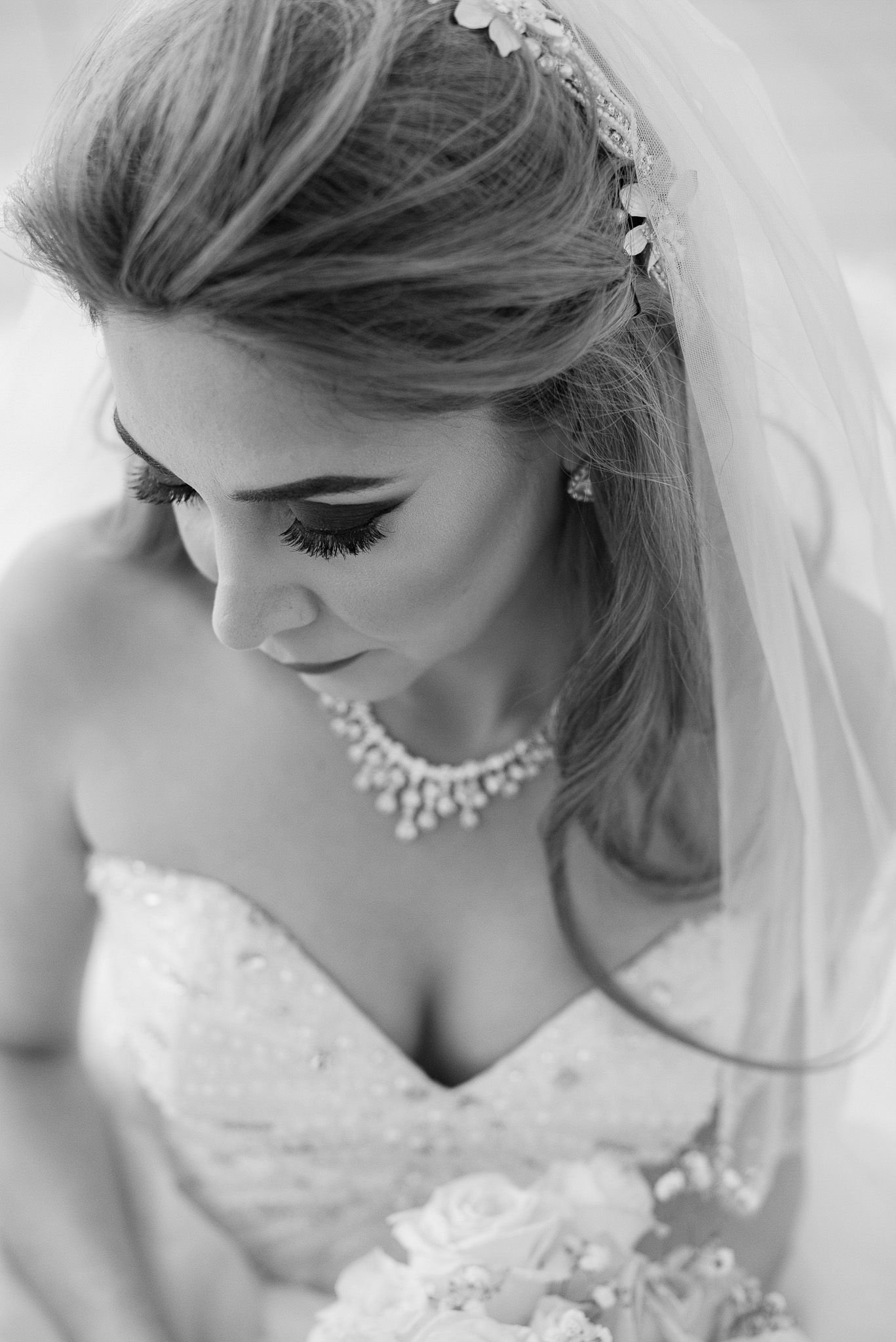 Elegant bridal portrait featuring delicate veil, necklace and sweetheart neckline.