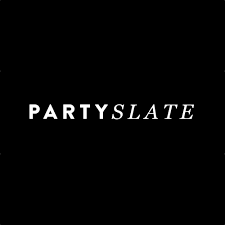 Black and white minimalist logo design for PARTYSLATE with white text on dark background.