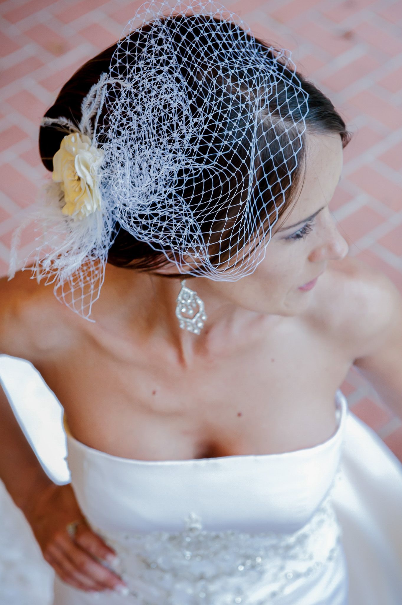 Elegant bridal portrait featuring vintage birdcage veil and strapless gown.