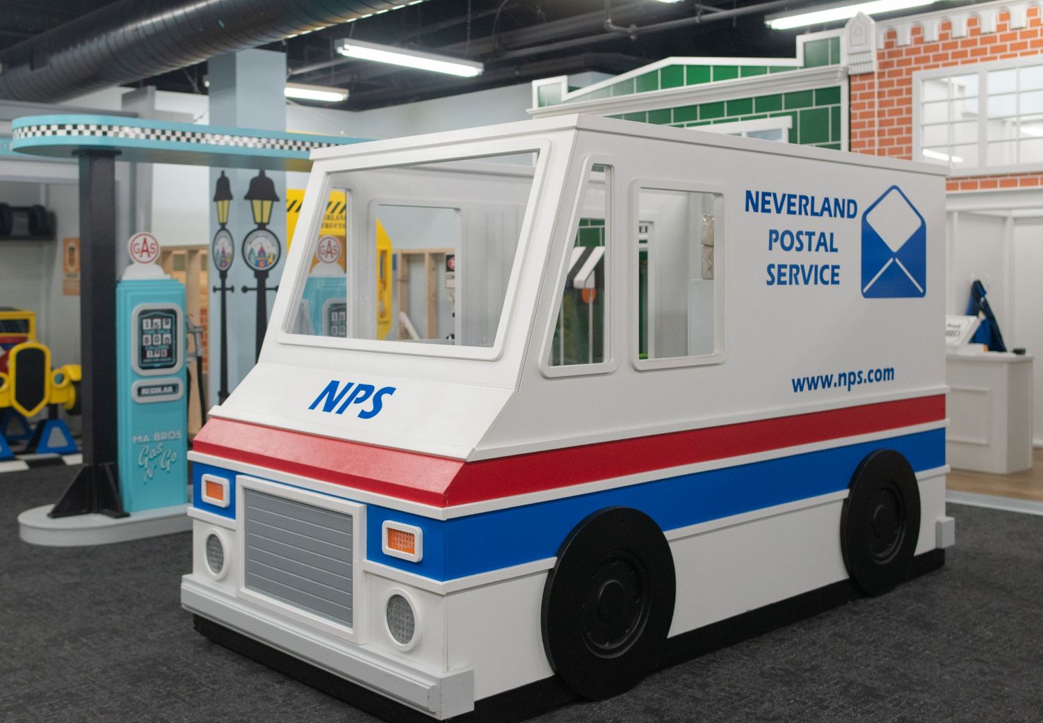 Series of white US postal service mail trucks parked in a row showing various side and rear views.