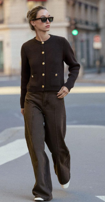 Street style photo of person wearing black coat with gold buttons and matching wide leg pants.