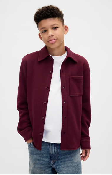 A burgundy button-up jacket styled with blue jeans and white shirt shown from different angles against white backdrop.