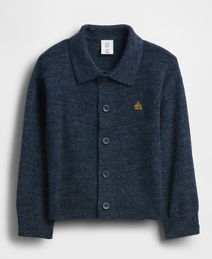 Navy blue cropped cardigan sweater with button front closure and small logo embroidery displayed flat on white surface.