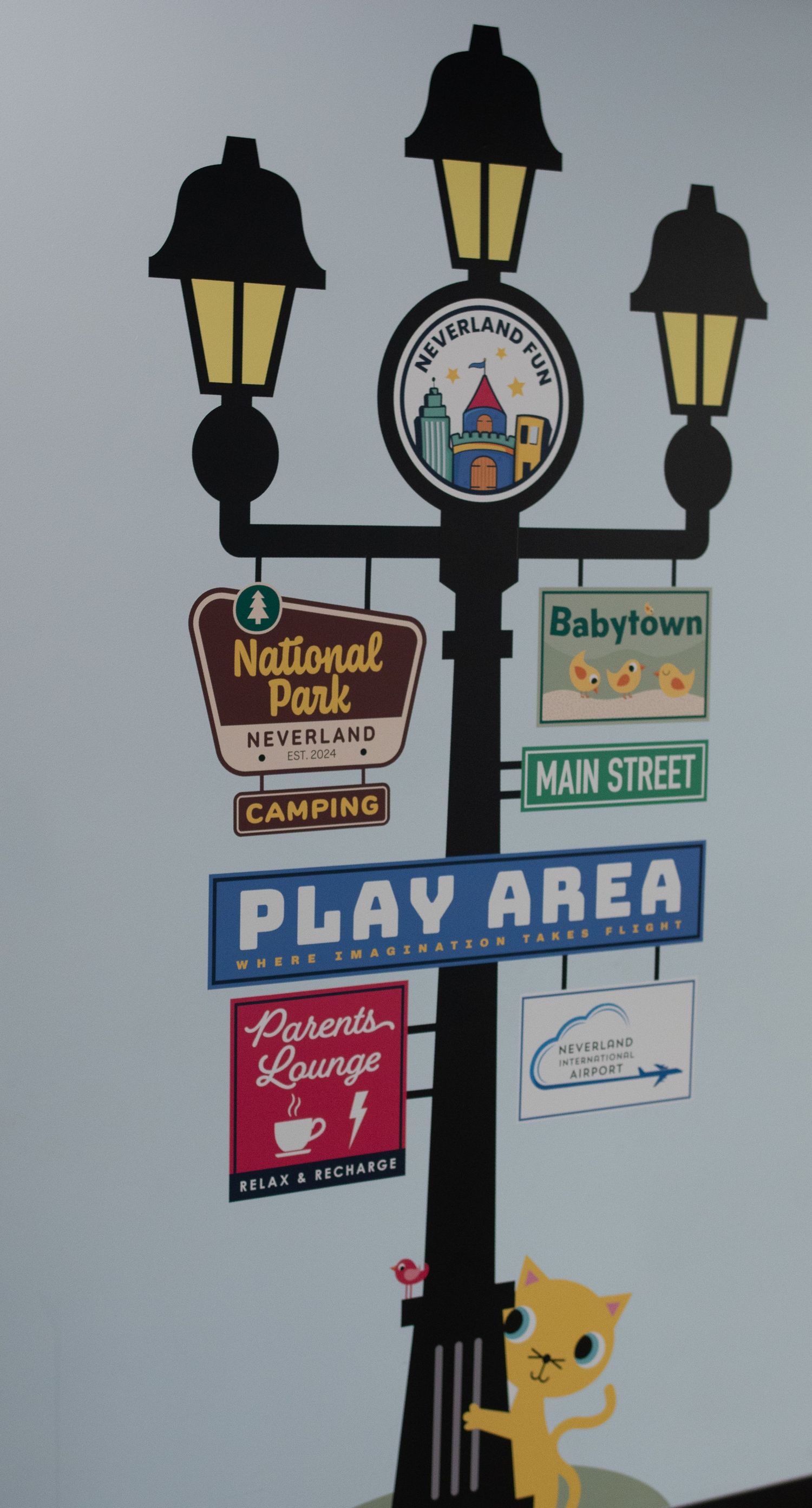 Vintage-style directional signs with lamp posts pointing to different areas including Main Street, Camping, and Play Area.