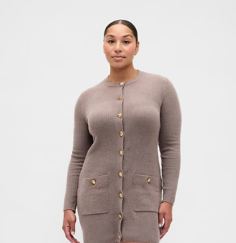 Plus size model showcasing a taupe knit cardigan with gold buttons against white background.