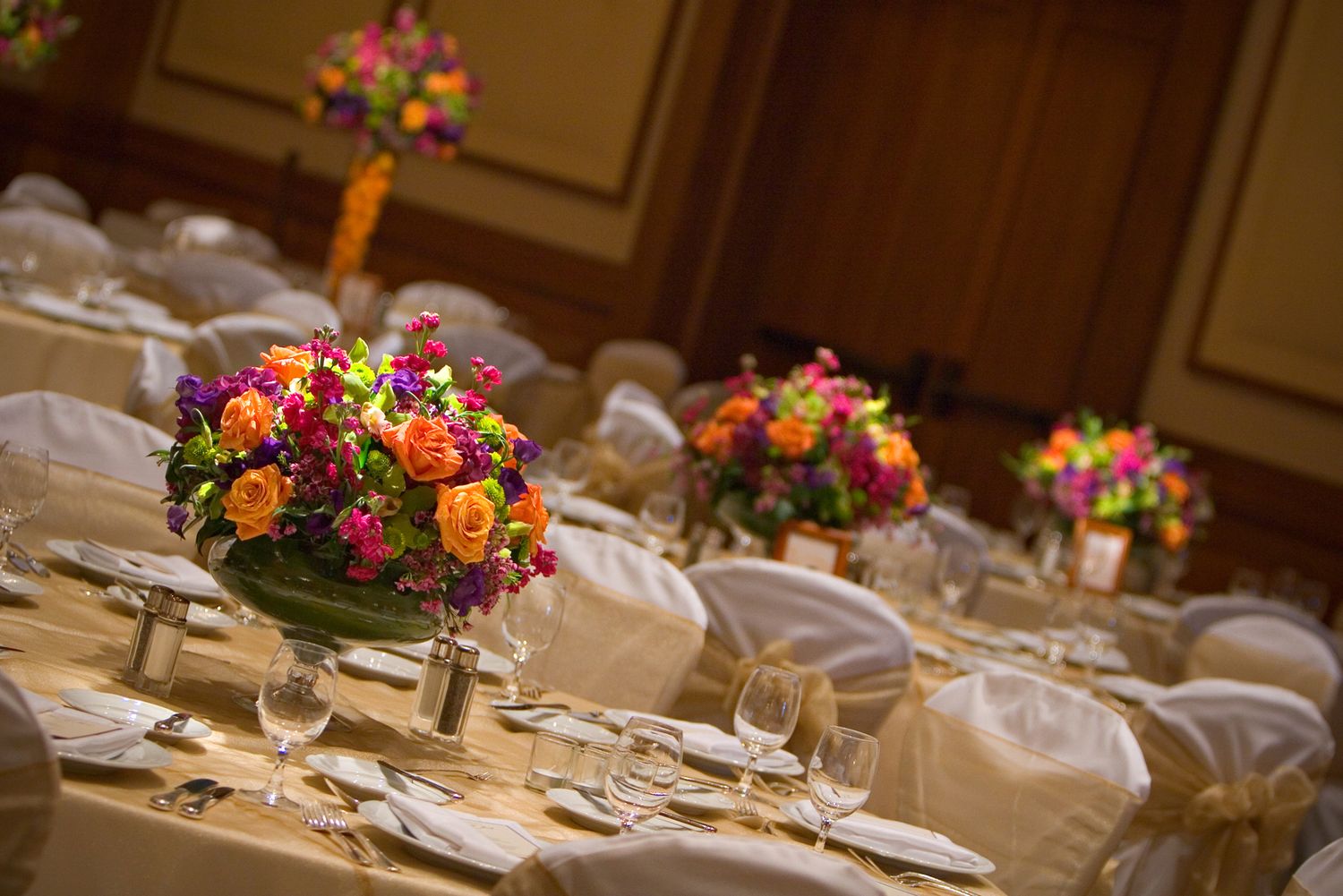 Gala dinner event with floral centerpieces