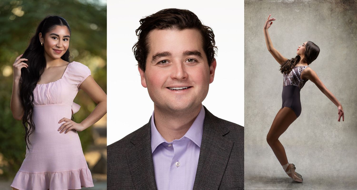 Professional photographs of a high school senior, a headshot, and a dancer in Phoenix, Arizona