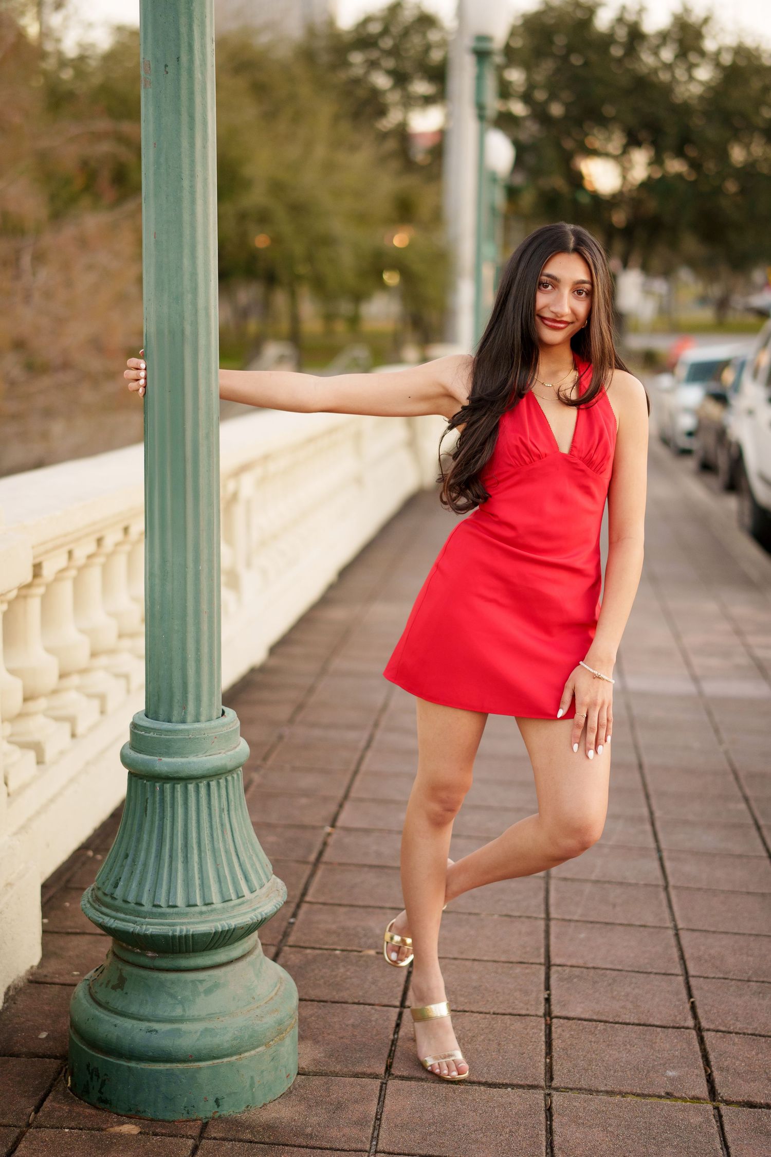 senior photos in houston.  the woodlands senior photographer.  houston skyline in the background with a white stone bridge