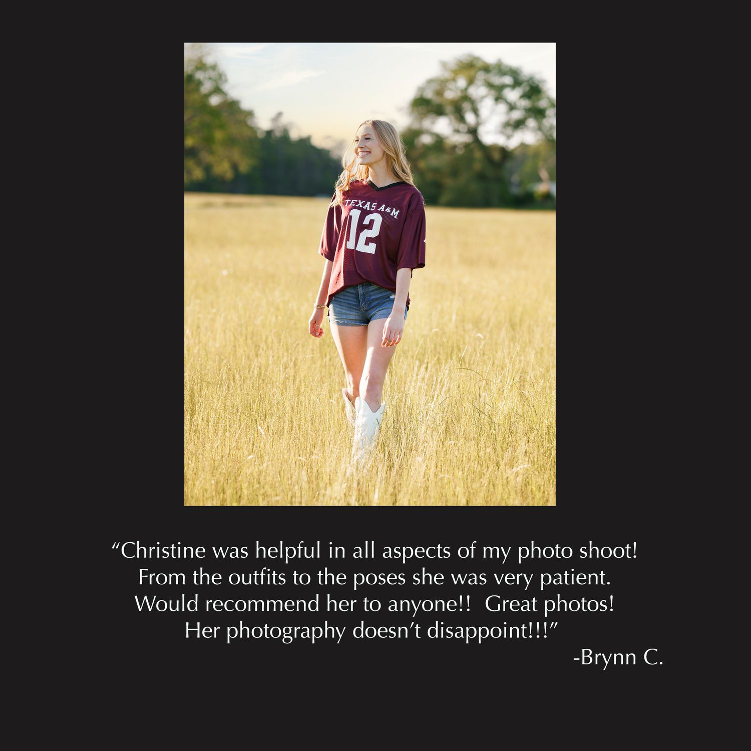 The Woodlands senior photographer reviews for Christine Kiscoe Photography.  Senior photos in a field