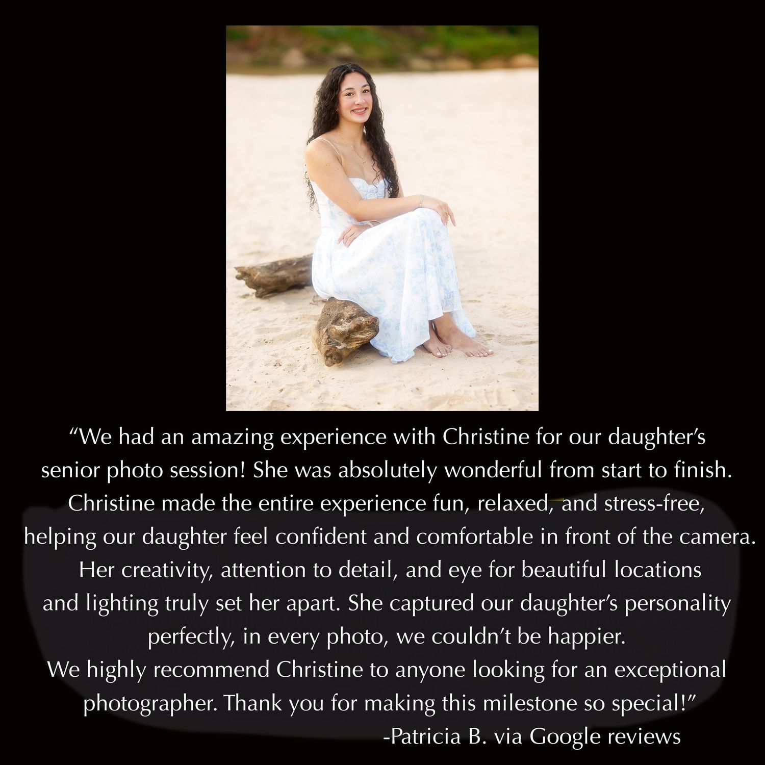 senior girl on a beach sitting on a log.  the woodlands creek senior photo location.