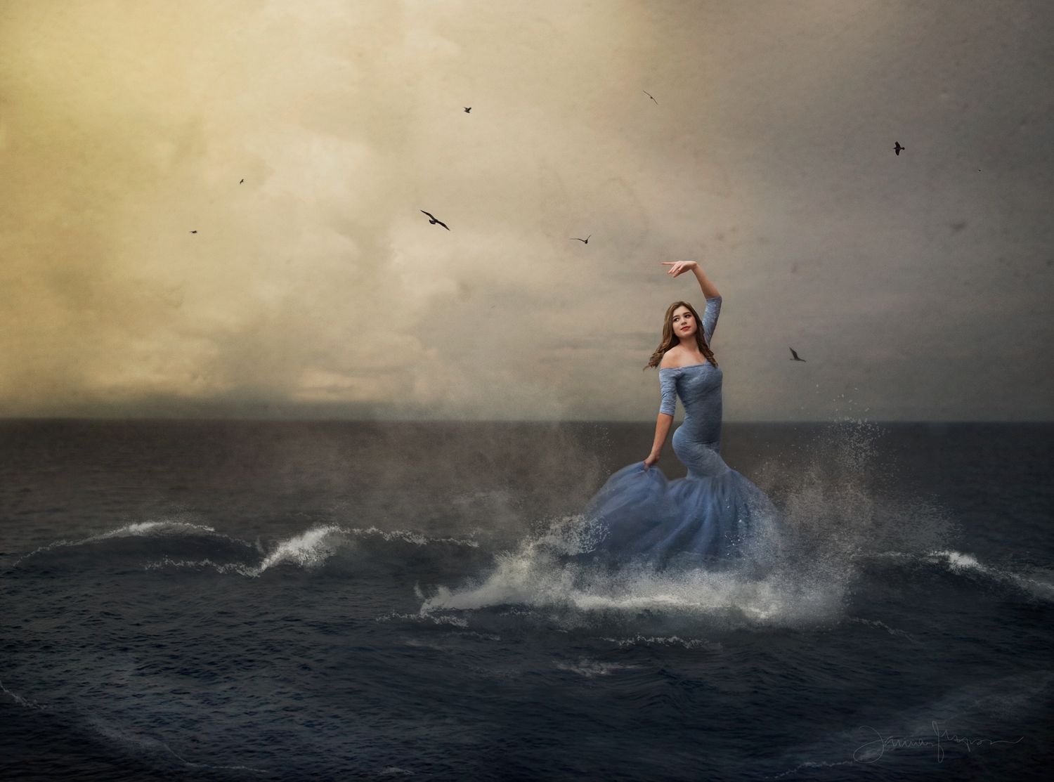 Ondine; a mythical mermaid dancing on the ocean at dusk.