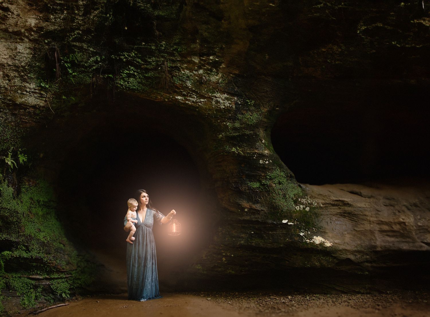 Cinematic portrait of mother and child with lantern — light guiding through shadow, fine art photography by ja’nicole;art.