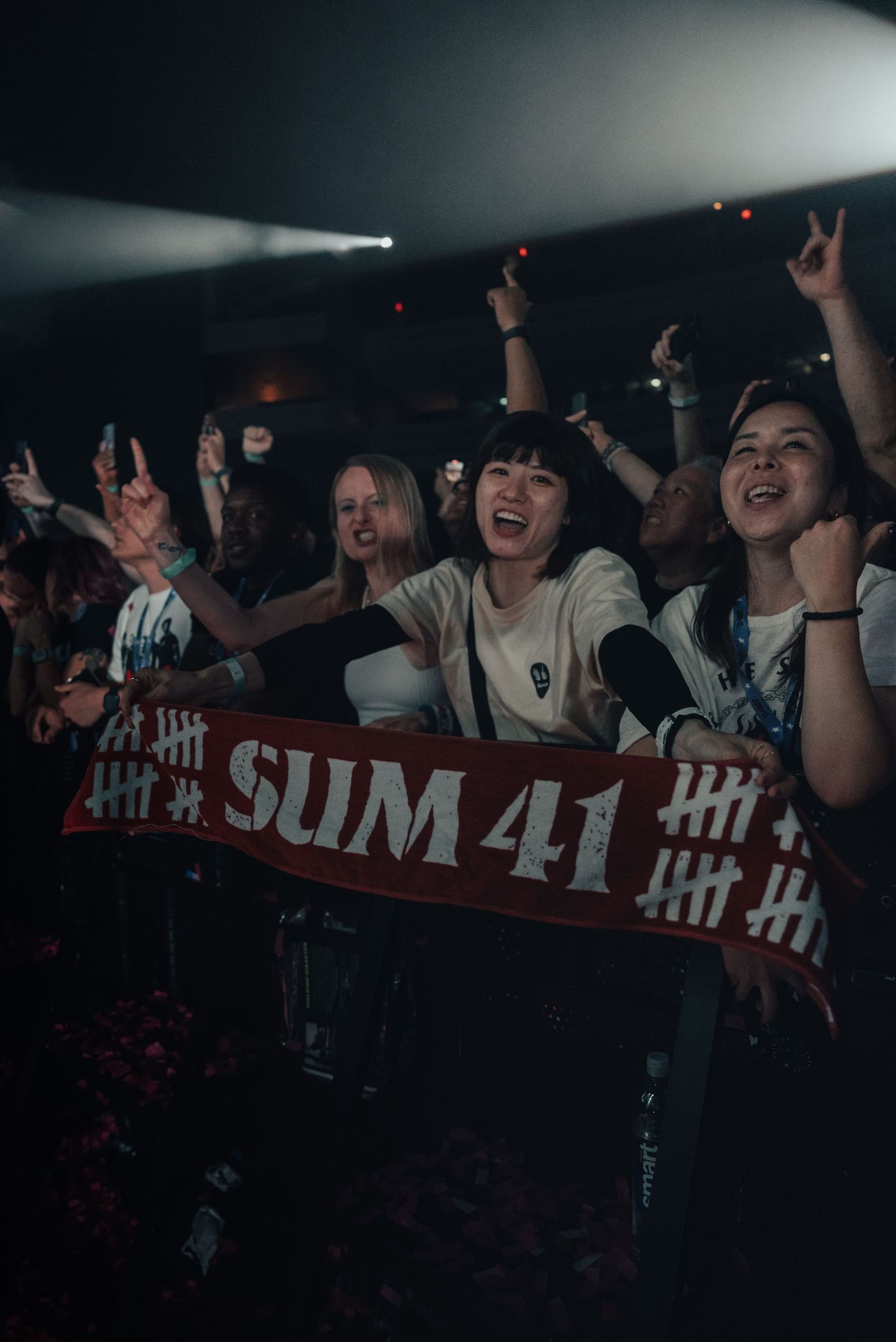 Enthusiastic fans holding a Sum 41 banner while cheering at a concert.