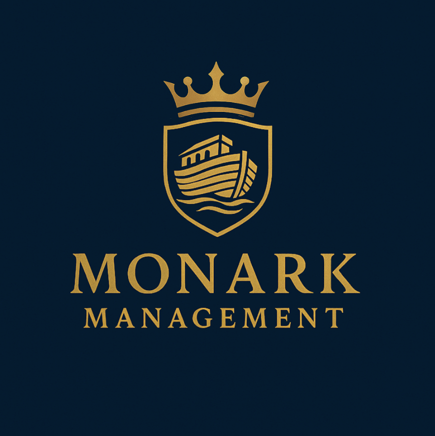 Gold crown and ship logo designs for Monark Management displayed on dark navy backgrounds.
