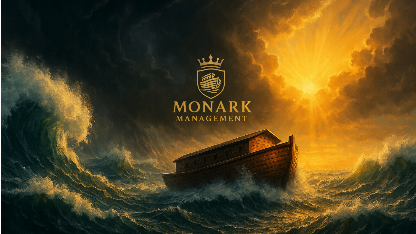 A wooden boat sails through stormy seas with dramatic golden skies and the Monark Management logo above.
