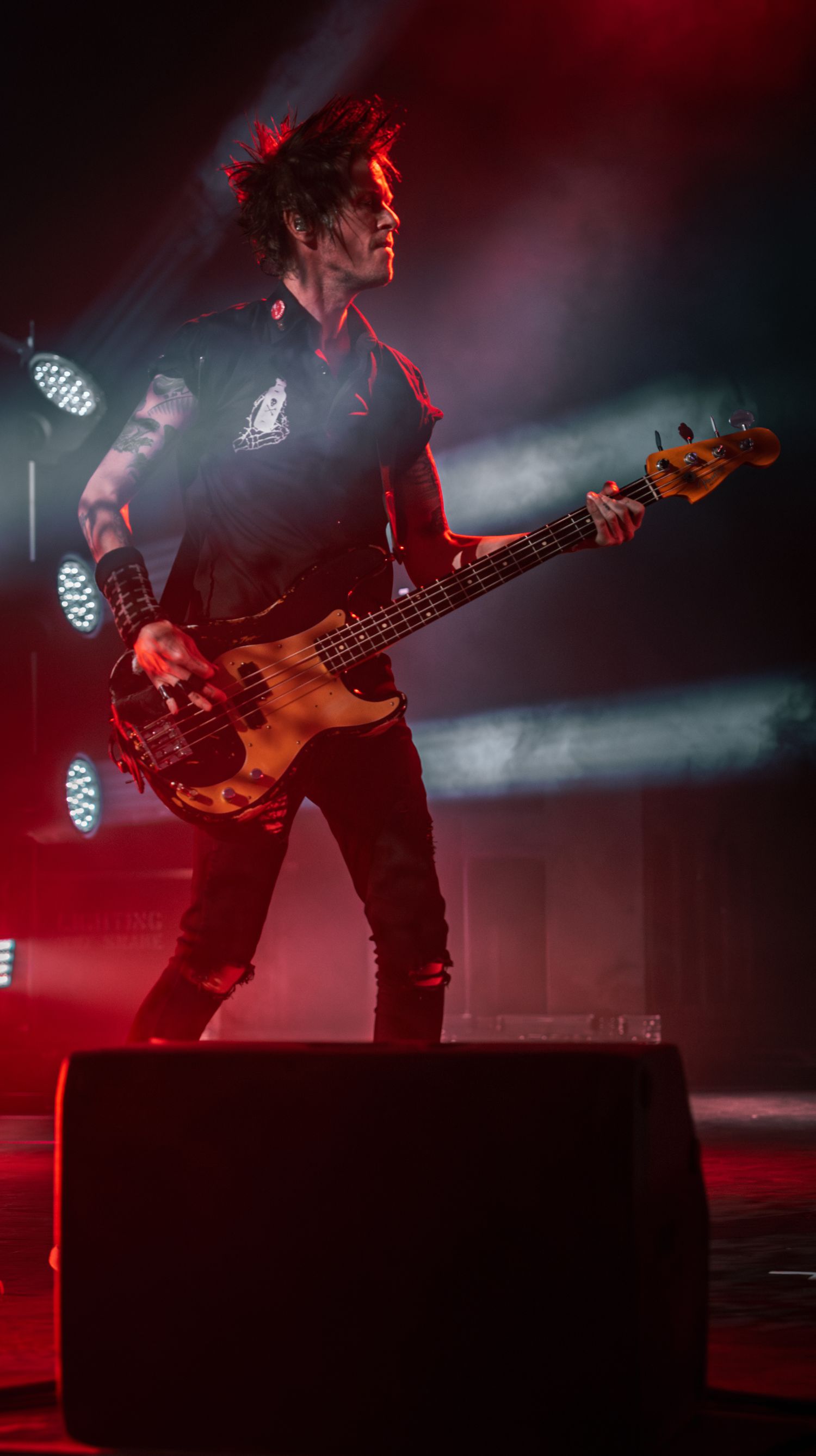 Bass player performs on elevated platform with dramatic red lighting and fog effects.