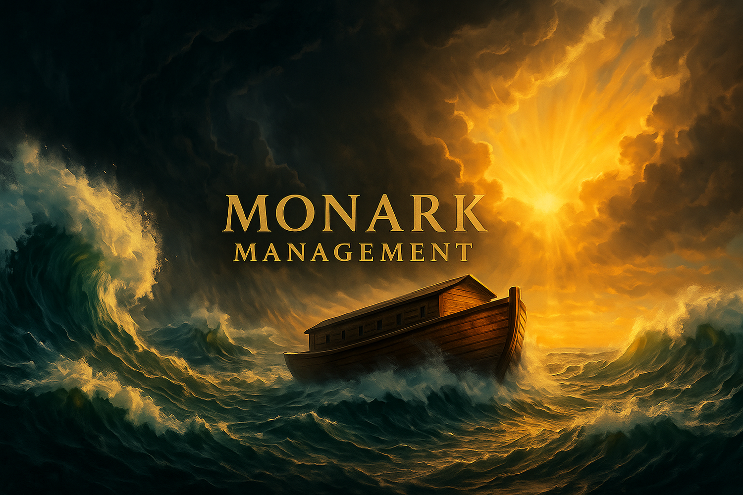 Dark seascape with glowing orange clouds and ark imagery for Monark Management branding.