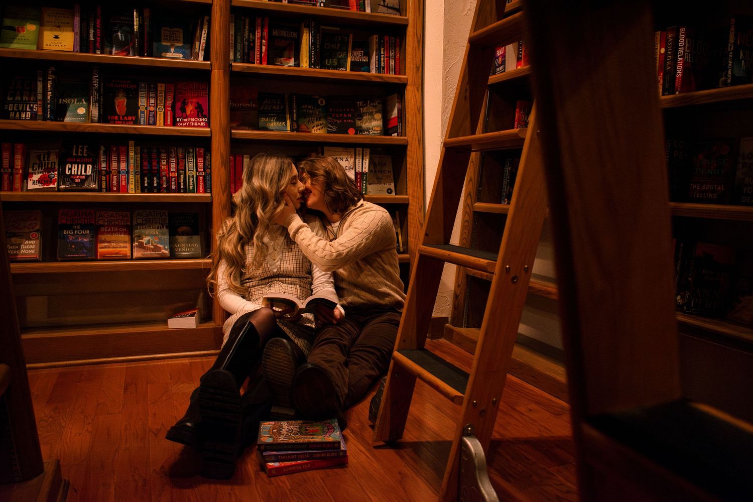 Cheyenne Michelle Photography Oklahoma moody earthy tone couples photography romantic couples engagement photoshoot bookstore cinematic
