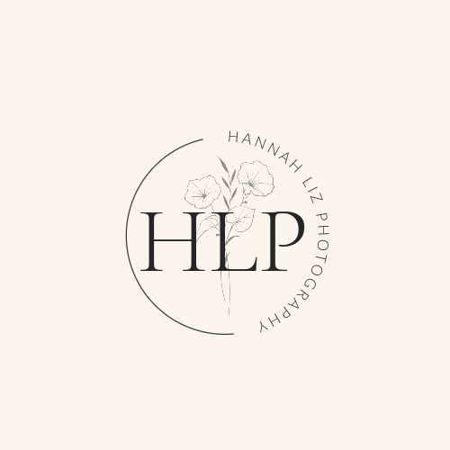 Hannah Liz Photography minimalist logo with HLP initials and delicate hand-drawn floral elements in a circular arrangement.