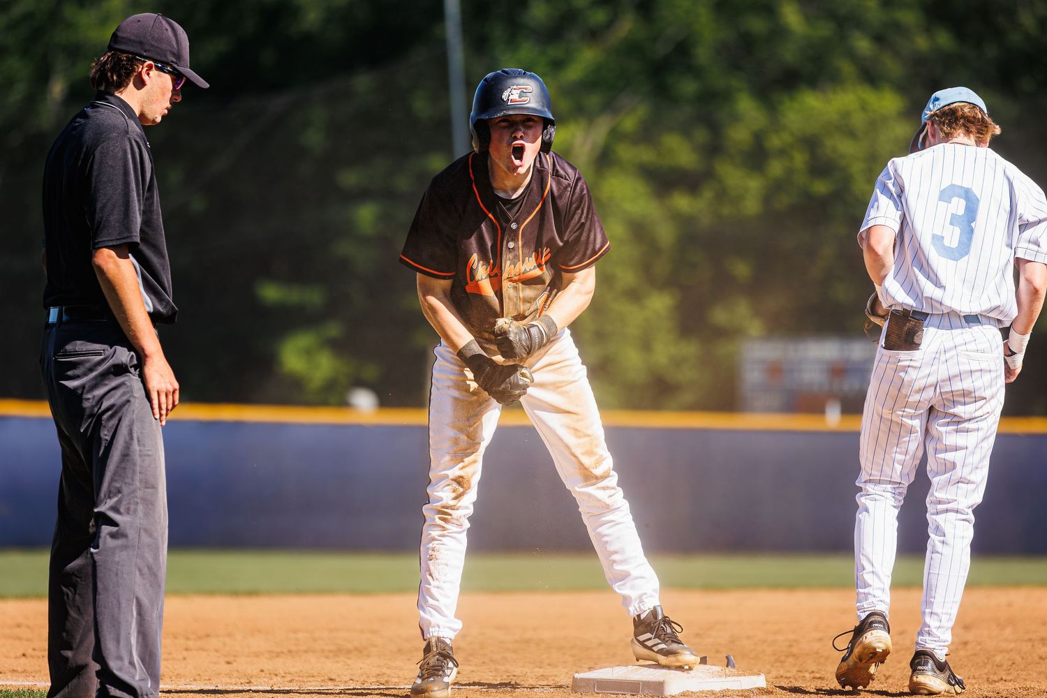 Baseball player celebrates at base during game, with umpire and opposing player nearby on sunny field.