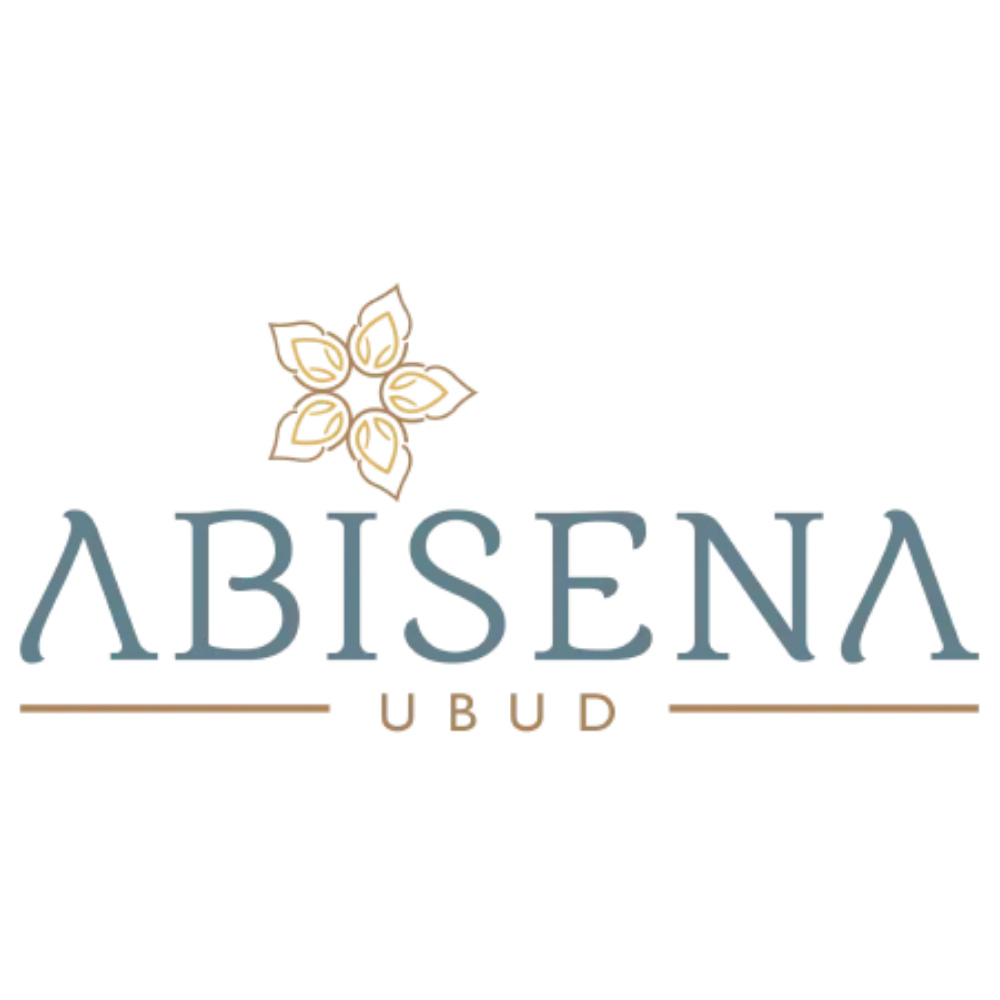 Modern resort logos with floral accents and clean typography featuring 'ABISENA UBUD' branding.