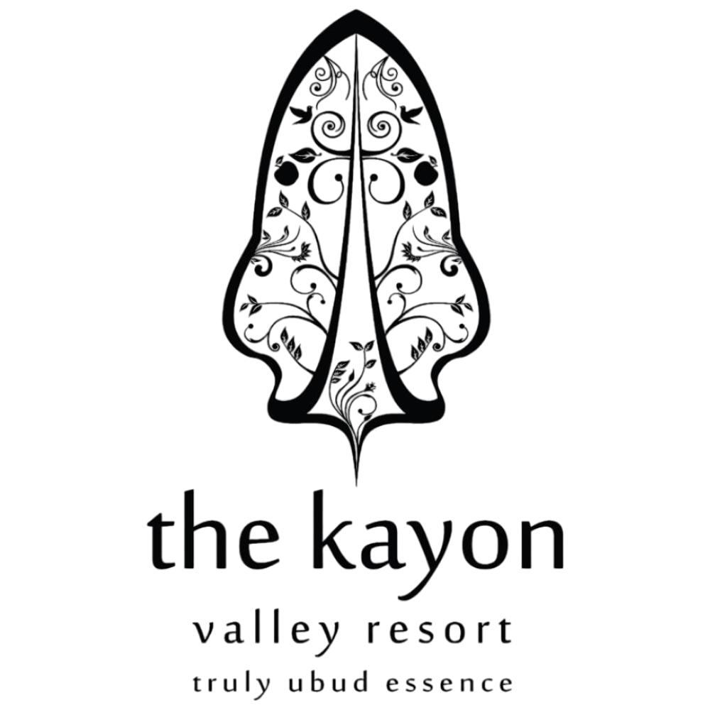 Black logo designs for 'the kayon valley resort' featuring ornate tree patterns and 'truly ubud essence' text.