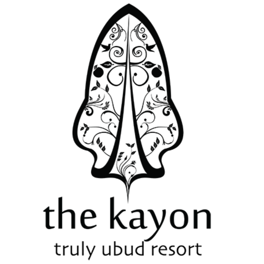 Elegant black logo variations for 'the kayon' resort featuring ornamental tree motifs and 'truly ubud resort' text.