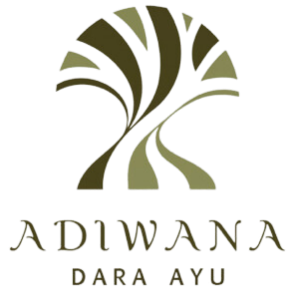 Elegant resort logo featuring stylized palm leaves and text 'ADIWANA' and 'DARA AYU' in sophisticated typography.