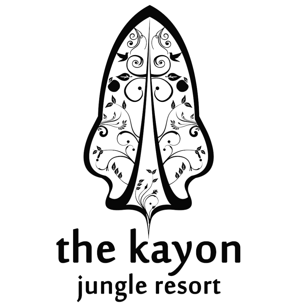 Decorative black logo designs for 'the kayon' featuring ornate tree-inspired patterns and jungle resort branding.