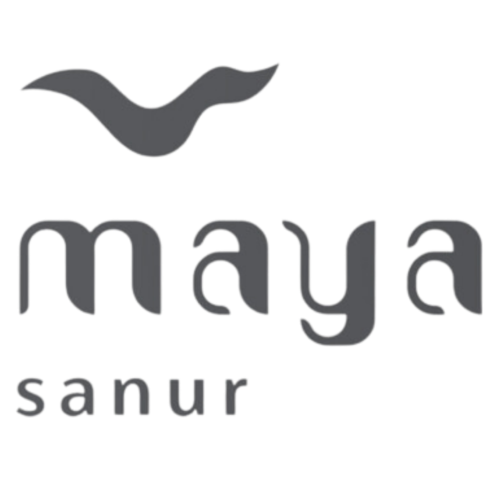 Maya Sanur resort logo in modern grayscale design with stylized wave elements.