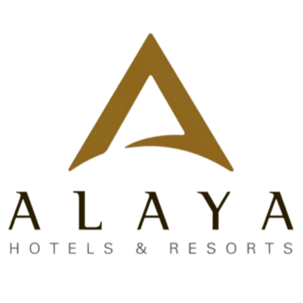 Elegant gold typography logo for Alaya Hotels & Resorts with modern geometric design.