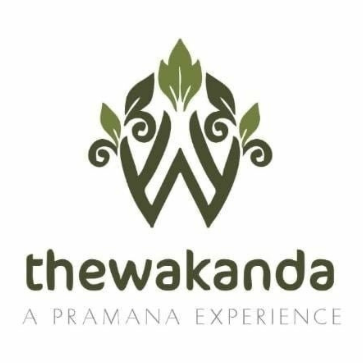 A collection of green logo variations for The Wakanda resort brand featuring leaf motifs and elegant typography.
