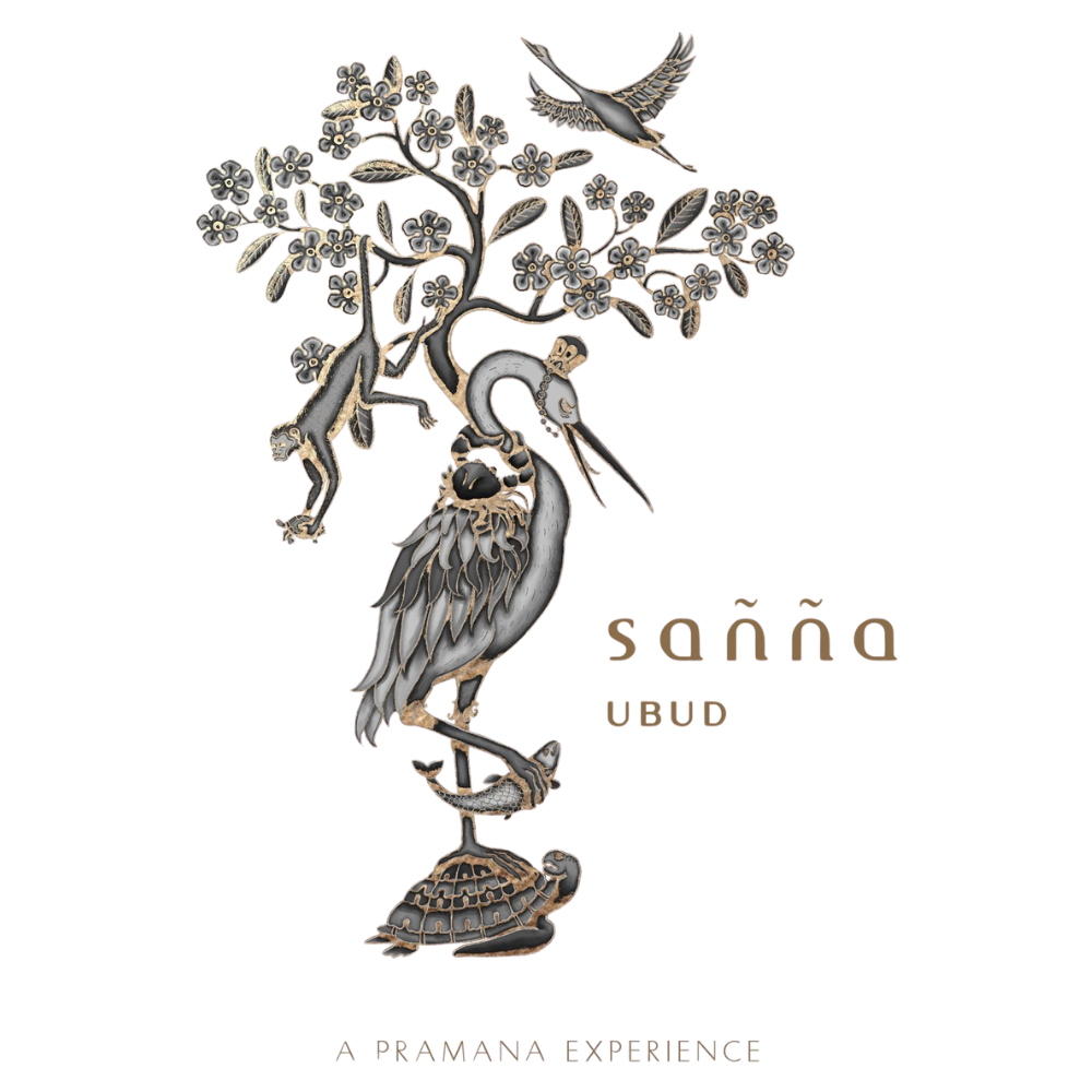 Artistic logo design for Sanna featuring birds perched on tree branches in gray tones.