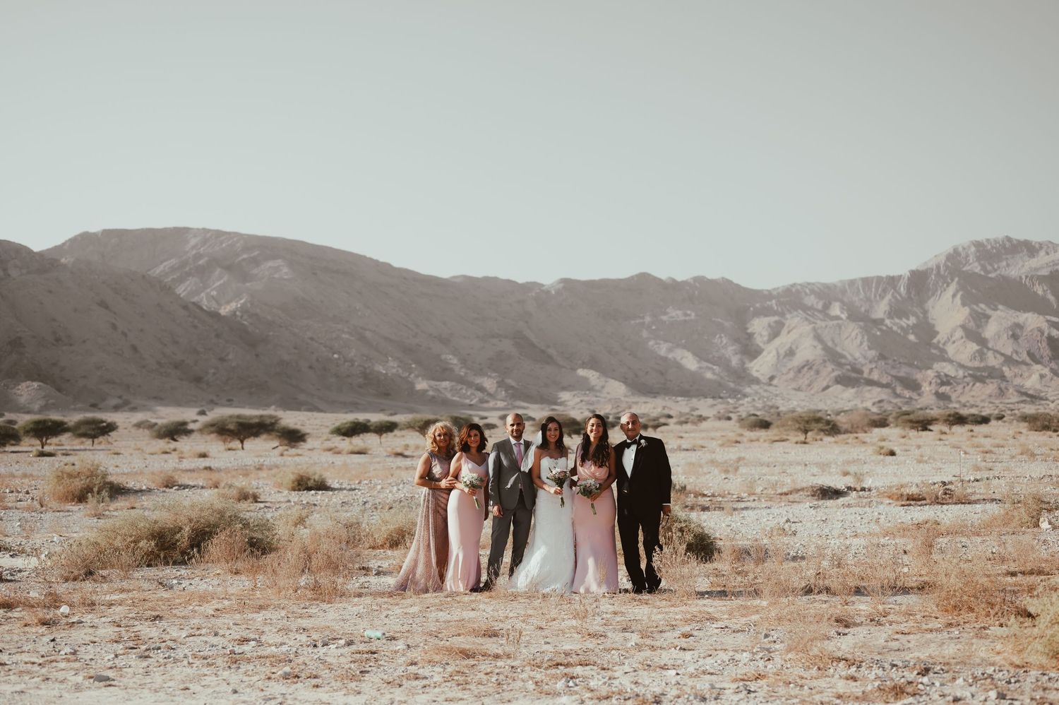 Wedding party poses in desert setting with mountain range in background.