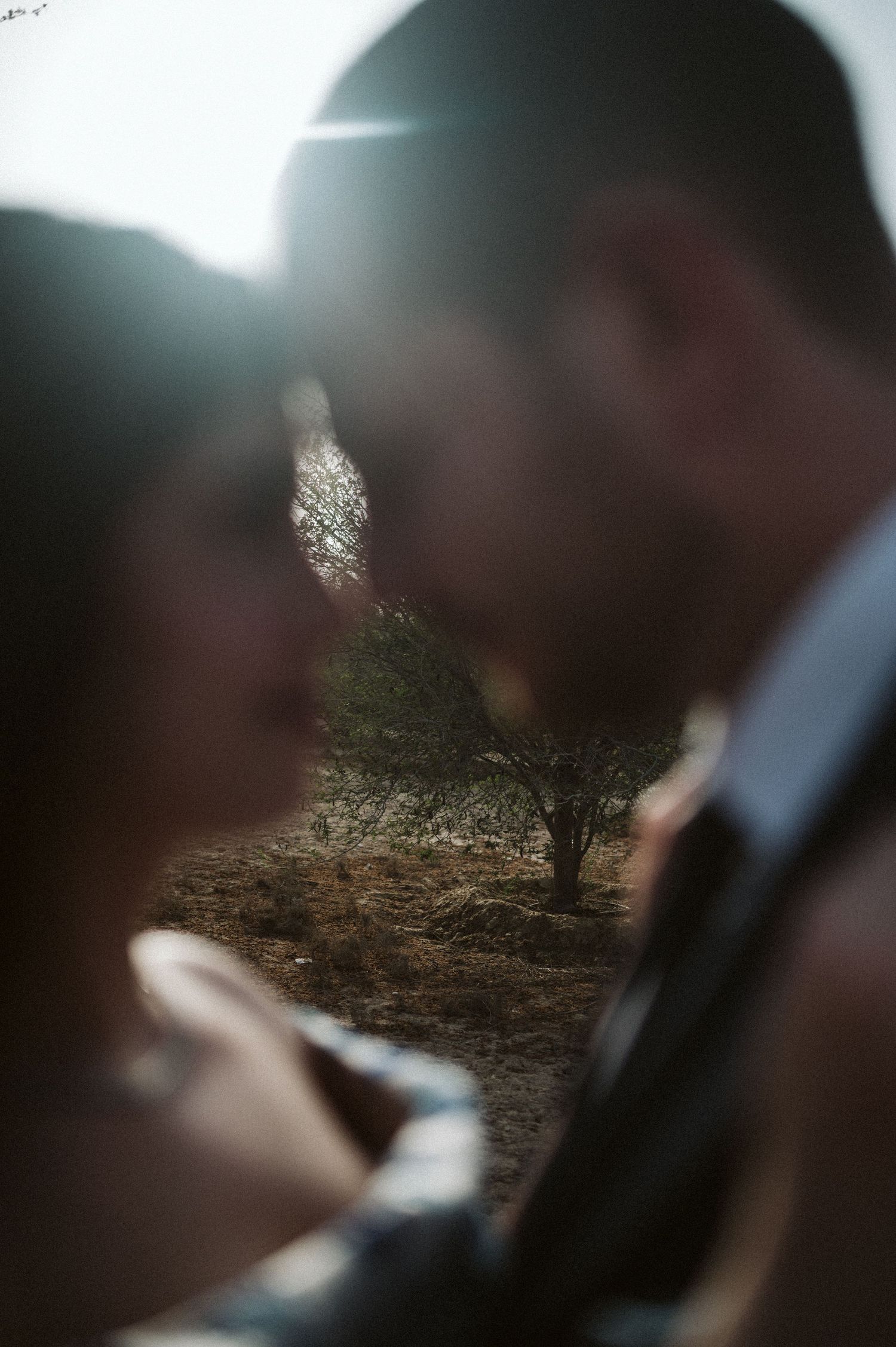 Artistic portrait with selective focus showing couple and desert landscape.