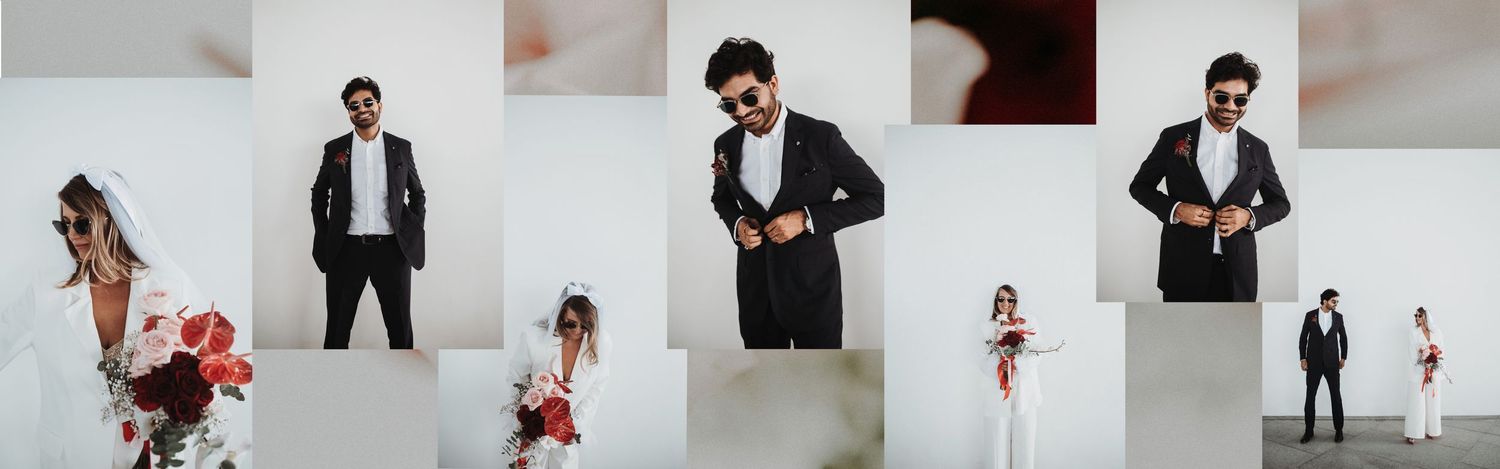 A series of artistic wedding portraits taken against a minimalist white studio backdrop.