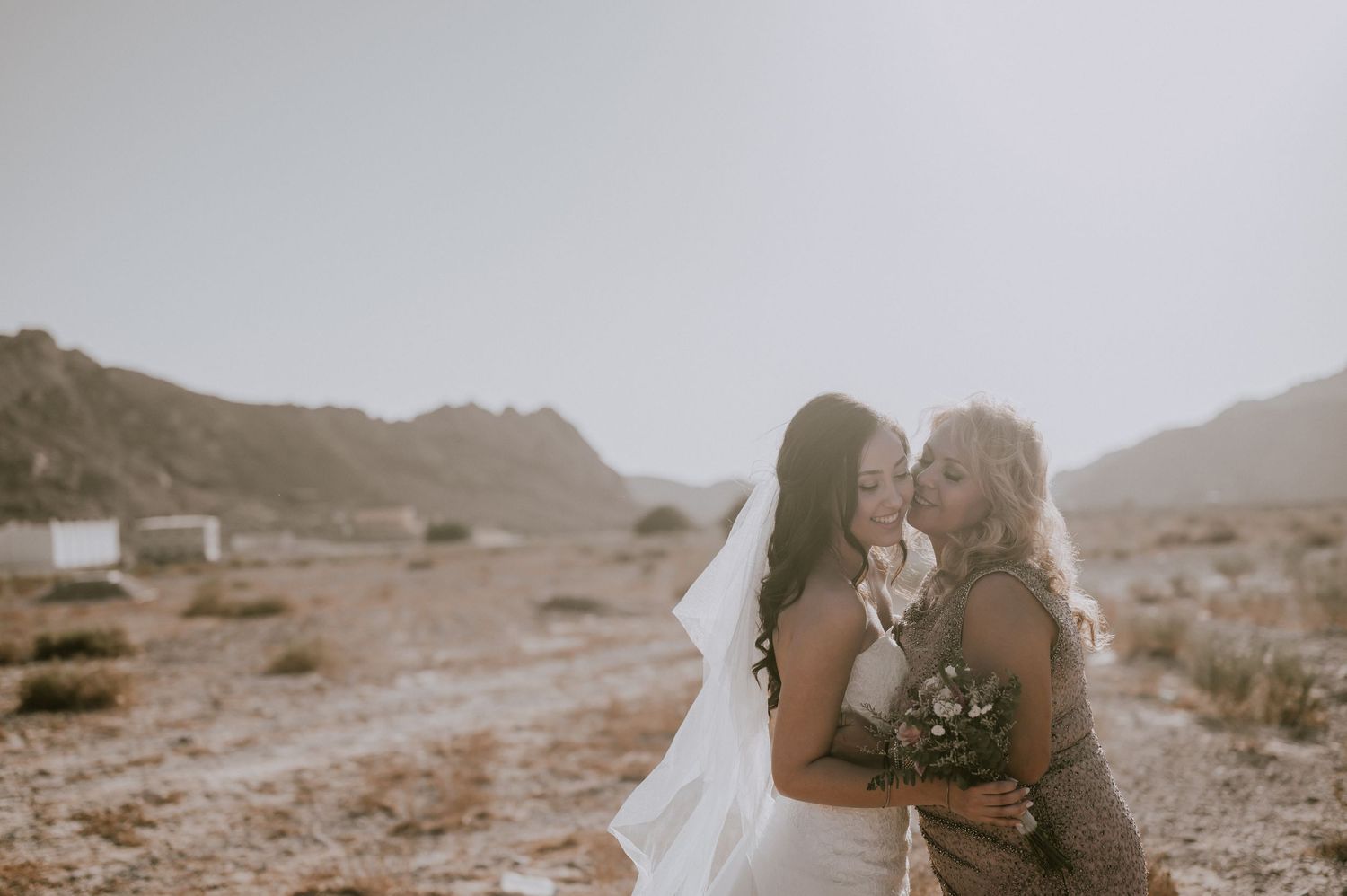 Wedding couple embraces in desert landscape during sunset.