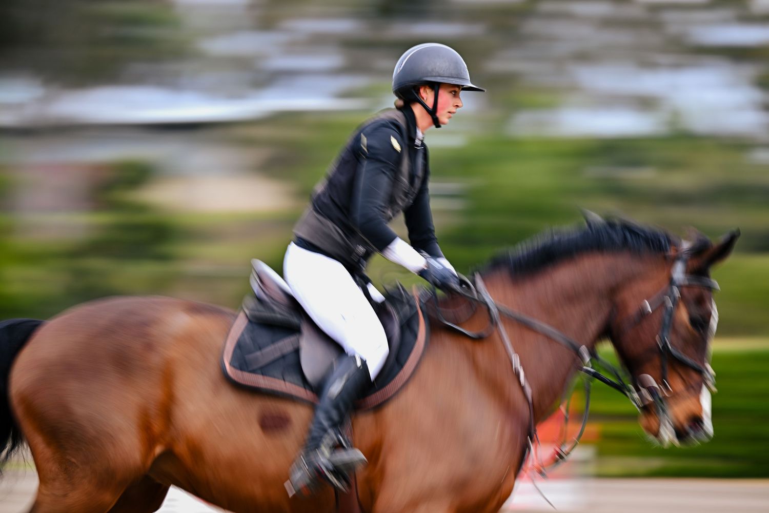 Motion-blurred action shot of an equestrian rider in black attire galloping on a bay horse during competition.