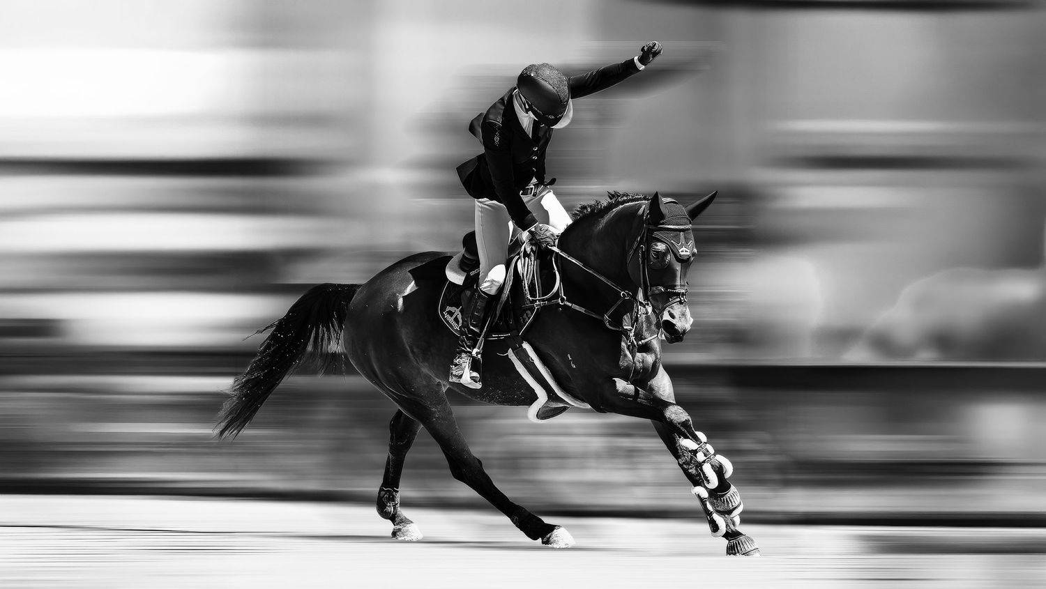Black and white photo of a horse and rider galloping at high speed in an equestrian competition.