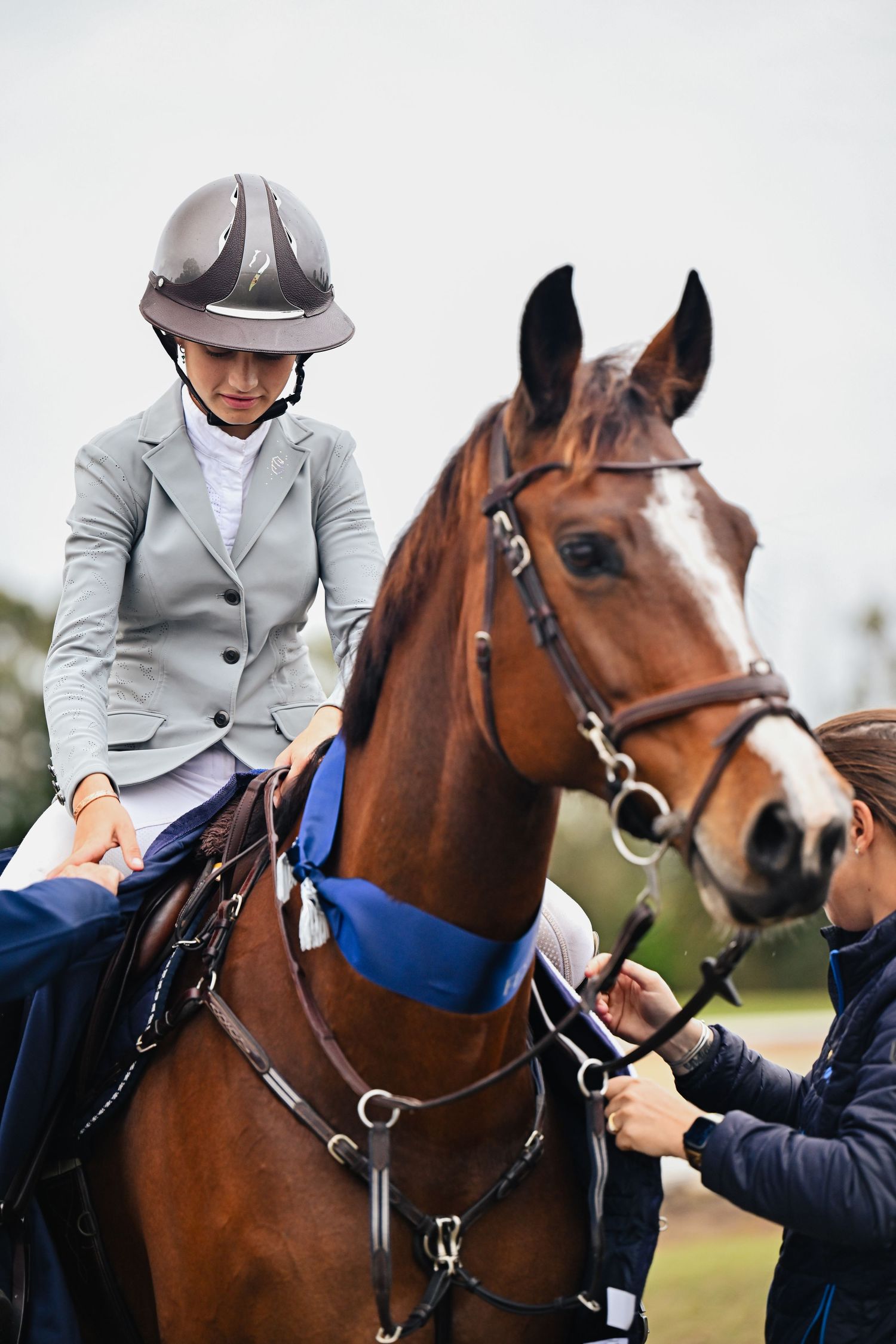 Equestrian rider in grey jacket atop brown horse while another person ties on winning blue sash.