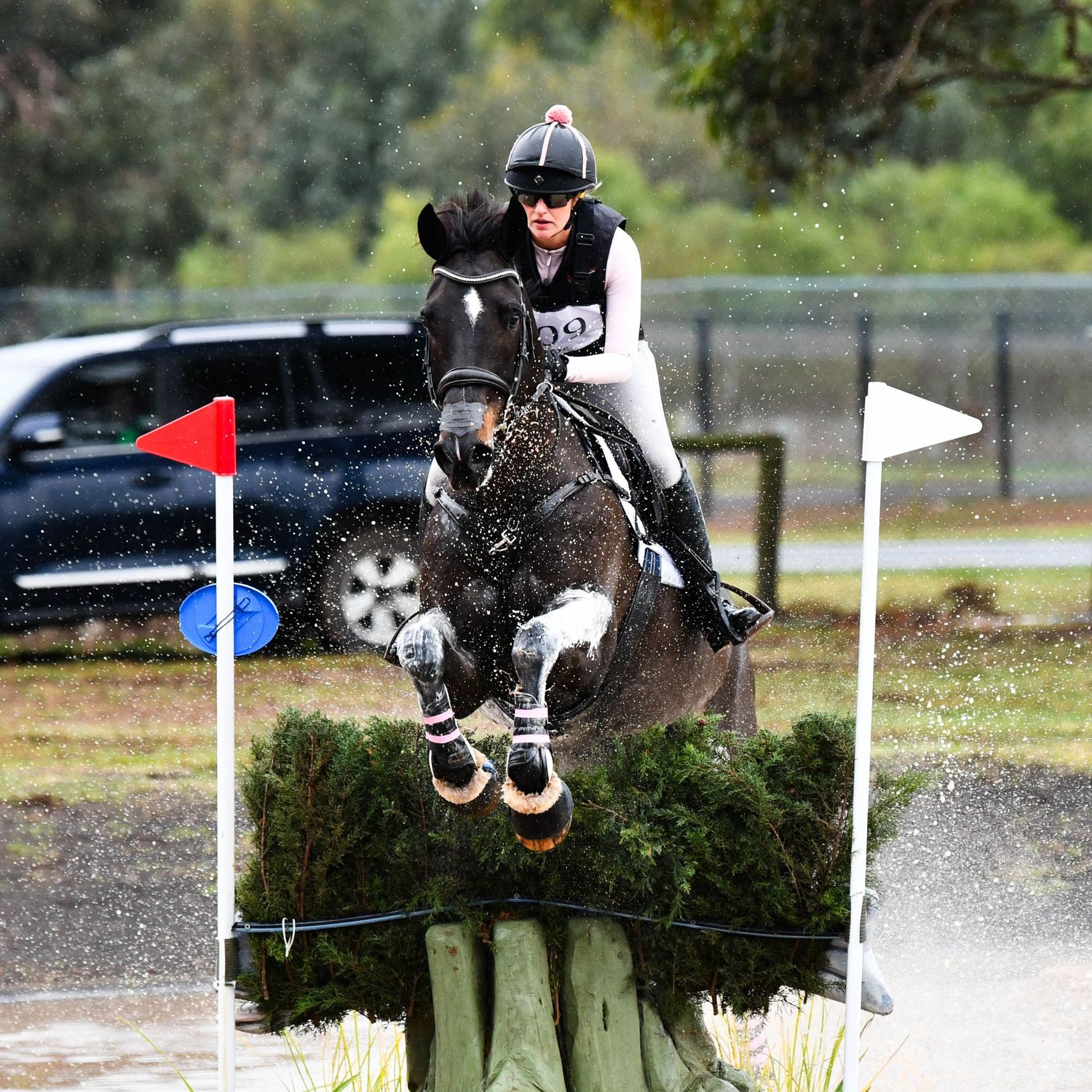 Horse and rider leaping over a brush jump with flags marking the course.