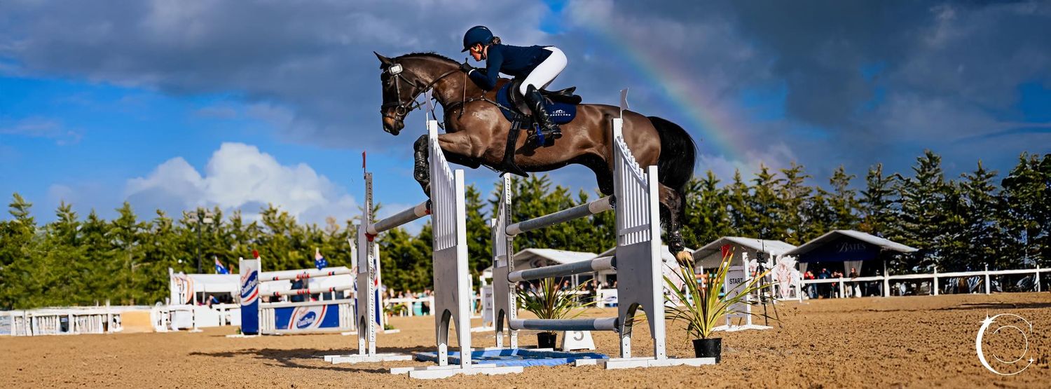 Equestrian event venue with arena buildings and stables under blue sky.