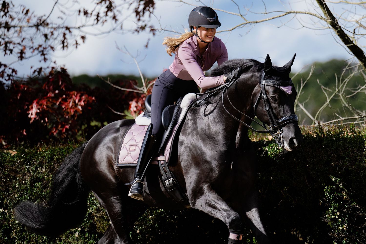 Close up shot of horse and rider galloping against a hedge background.