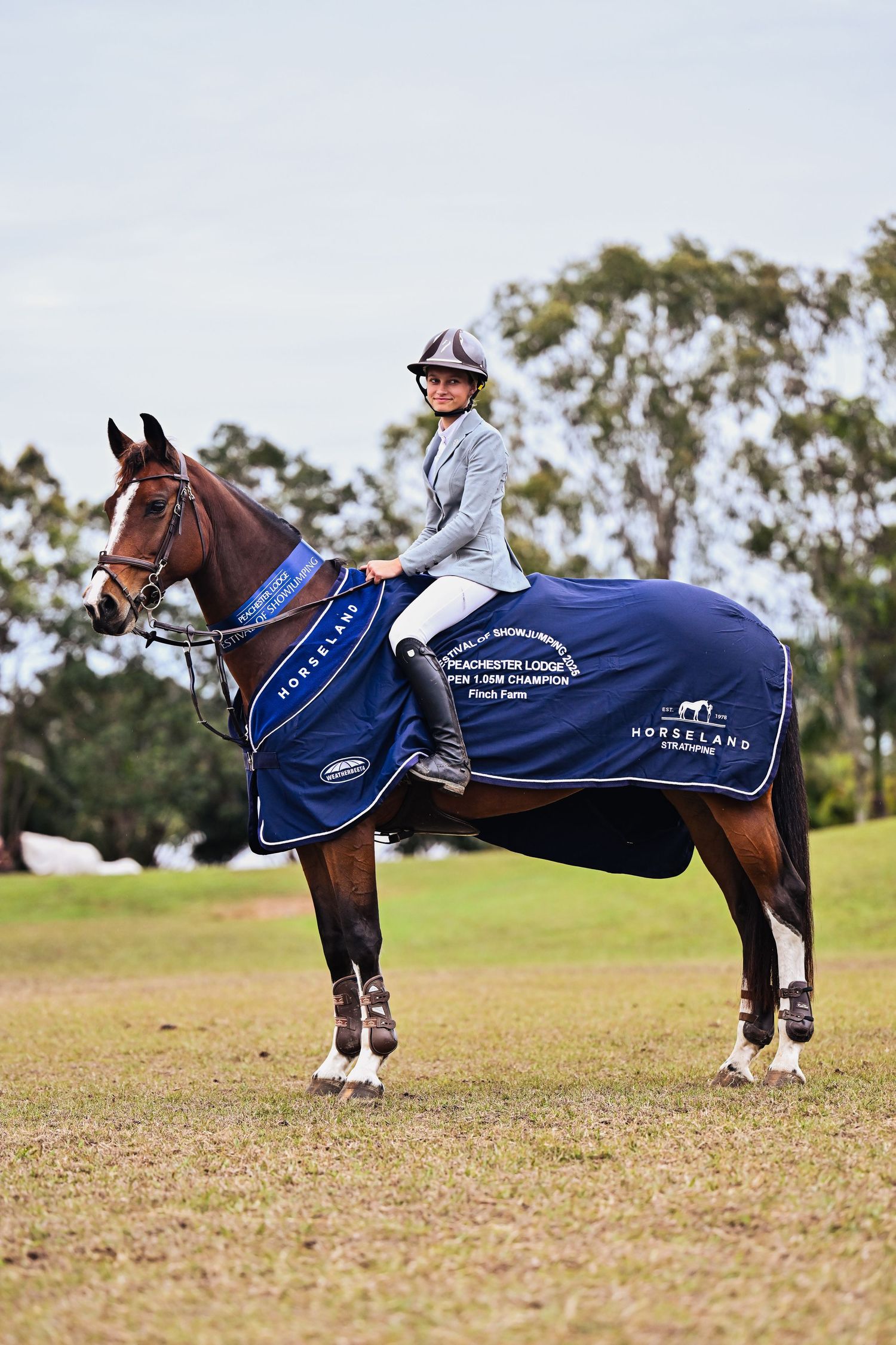 Horse and rider wearing winning blue competition blanket standing on grassy field.