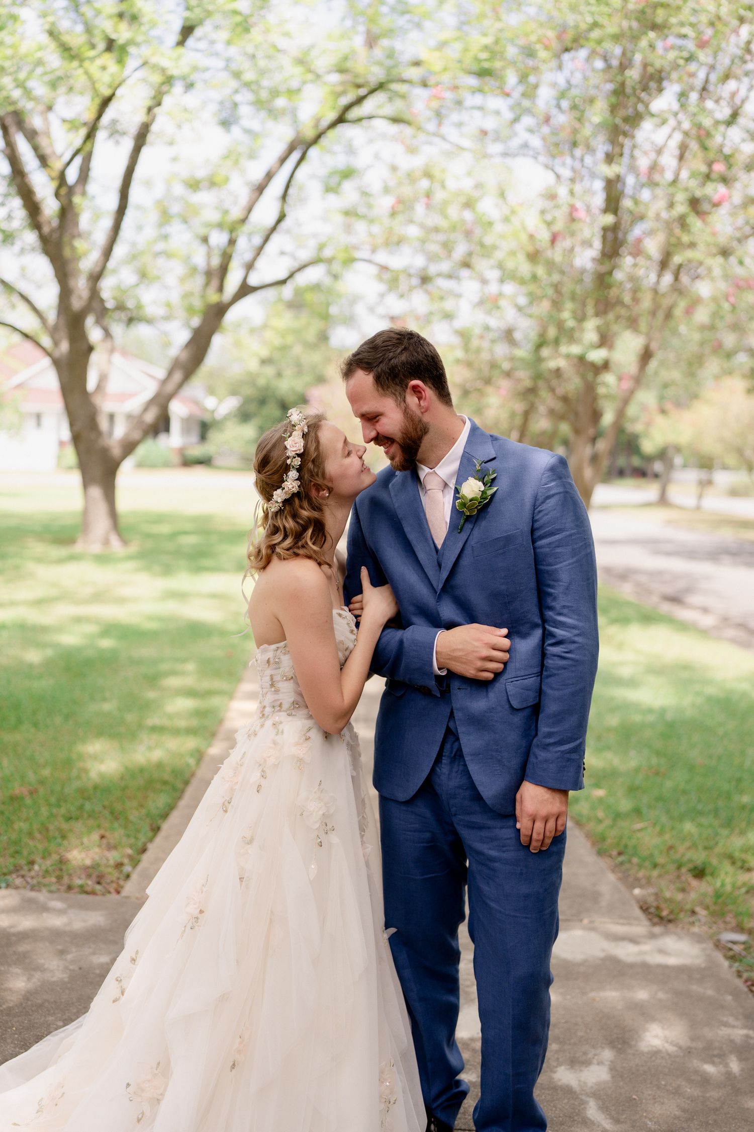 A series of candid wedding photos capturing intimate moments between newlyweds in a natural outdoor setting.