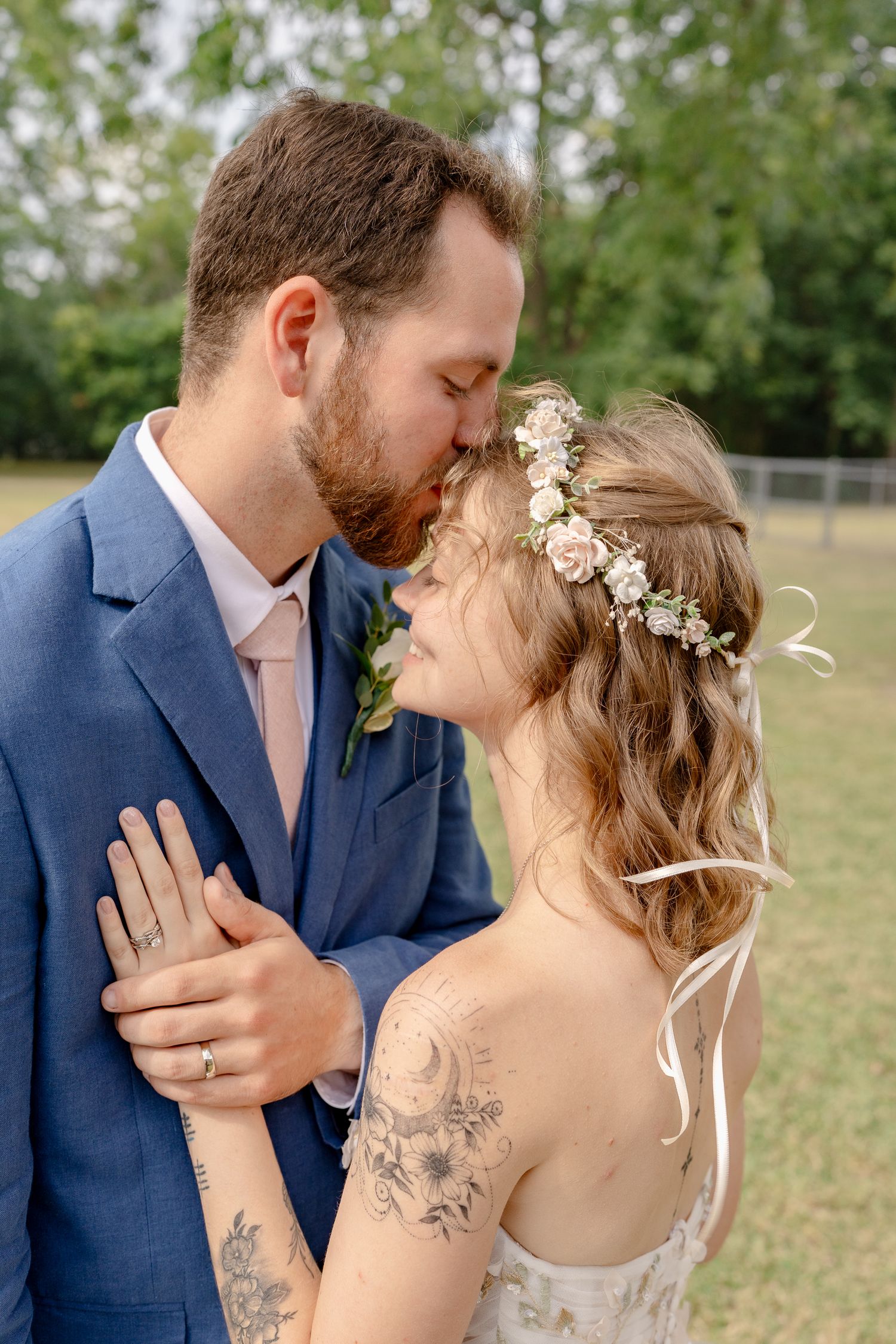 A romantic wedding photo sequence shows a couple in navy suit and white dress sharing intimate moments outdoors.